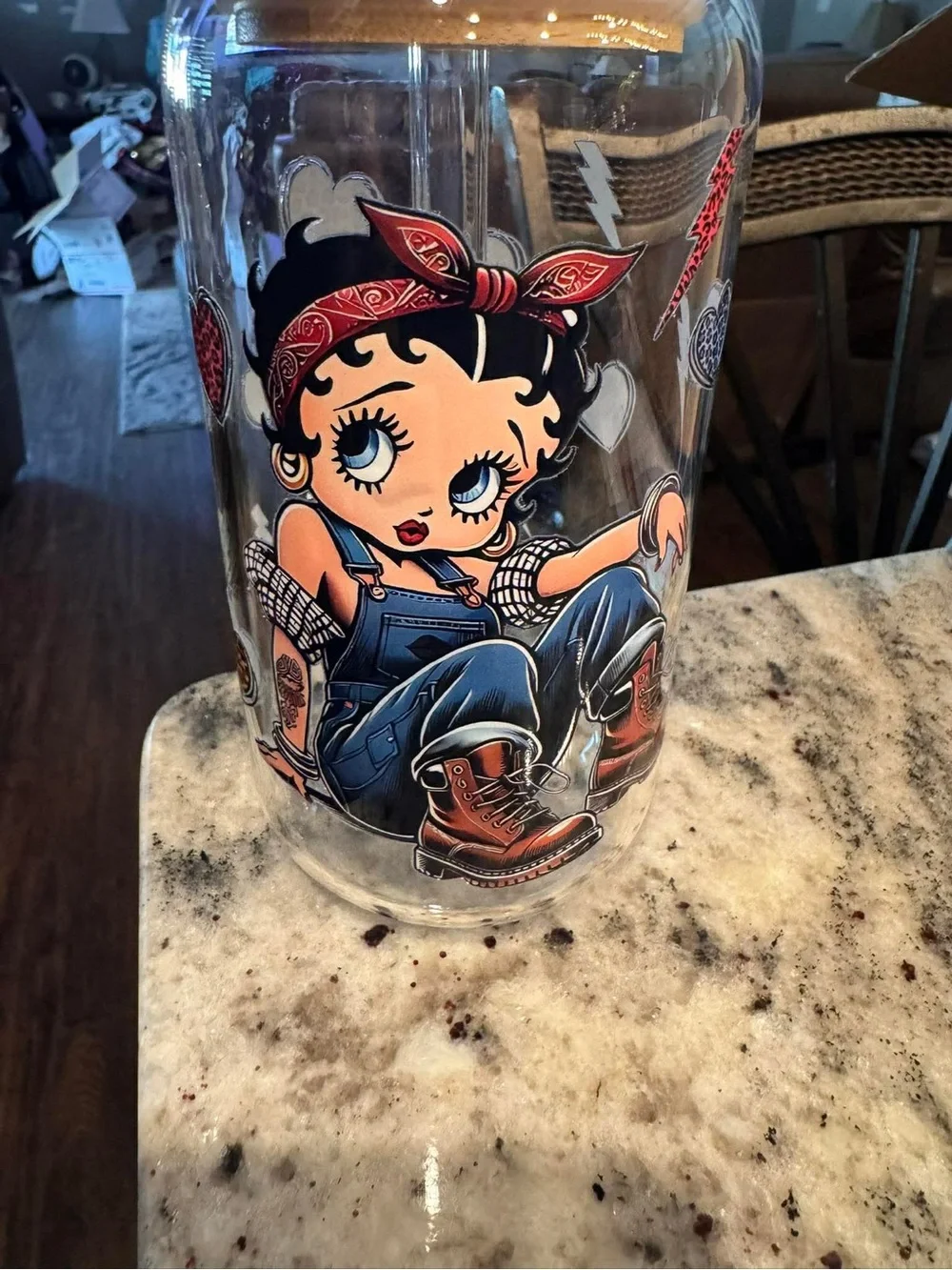 Betty Boop Glass Tumbler with Bamboo Lid and Straw - Multi